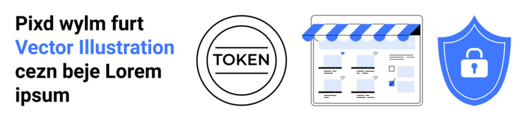 Security token icon, online storefront graphic, and shield with lock symbol in blue for online security. Ideal for cybersecurity, e-commerce, web protection, digital transactions, safe browsing, user