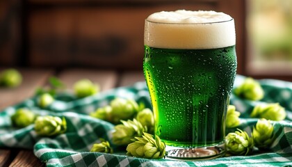 St. patrick's day green beer celebration with fresh hops and copy space