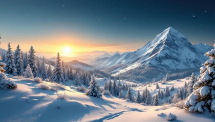 Obraz premium Majestic snowy mountain and forest landscape at sunrise in winter