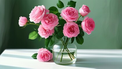 Fototapeta premium Elegant pink roses in glass vase with sunlight on green background