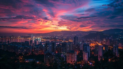 Fototapeta premium Vibrant Sunset Over Cityscape Illuminating Buildings At Night