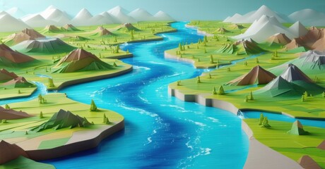 River splitting into multiple streams, flowing across vibrant landscapes. Symbolizing interconnectedness, unity, and the flow of resources, ideas, and cultures worldwide