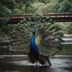 Obraz premium A peacock standing on a bridge over a serene river.
