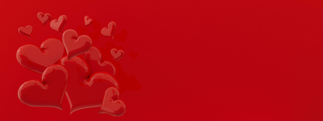 Valentine day background. Red glossy balloon hearts soar on red background, banner for web, border, copy space. Love wedding background. 3D illustration for advertising, design, poster, card, flyer.