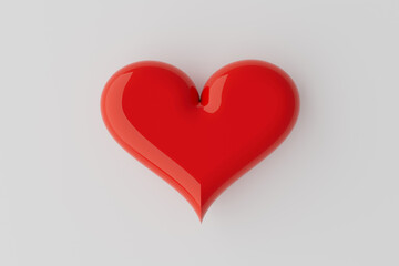 Valentine day background - red glossy balloon heart on white background. Red festive heart as symbol love. 3D illustration for advertising, design, poster, card, flyer.