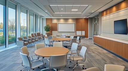 A clean meeting space with participants engaging in leadership skill-building exercises. digital