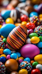 Fototapeta premium Detailed close up of vibrant Easter sweets, including decorated cookies and pastries, arranged on a wooden surface, capturing the intricate designs and colors with a shallow depth of field