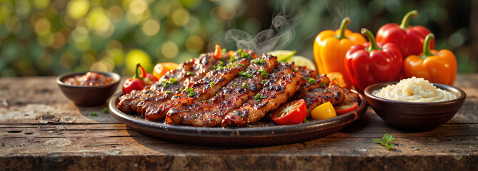Grilled fajitas served on rustic board with colorful peppers, culinary delight
