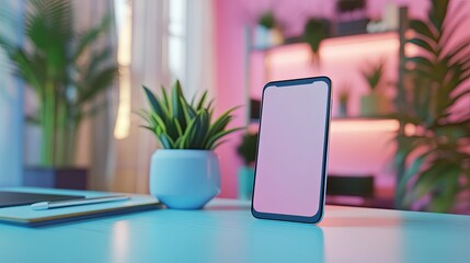 A clean mobile app design mockup displayed on a smartphone in a vibrant workspace. digital