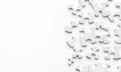 White puzzle pieces scattered on a light surface creating an abstract background ideal for design projects or problem-solving concepts