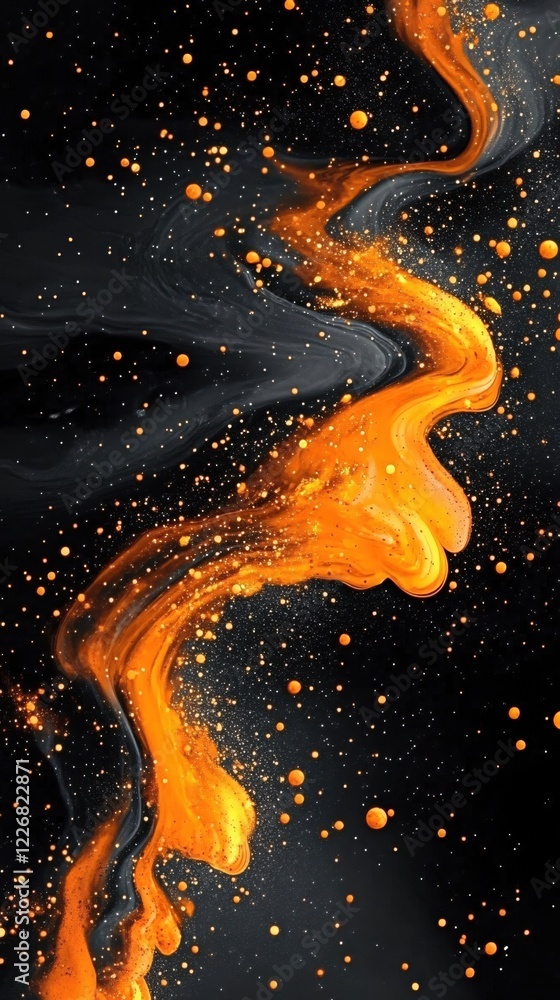 Aufkleber abstract fluid orange wave on dark background with scattered dots and sparkling particles