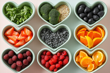 Naklejka premium A heart-shaped arrangement of nutritious foods, including fresh fruits, vegetables, and nuts, elegantly placed in white bowls on a sleek grey background, symbolizing health, wellness, 