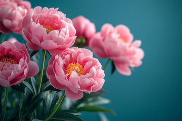Fototapeta premium Pink Peonies Blooming Against a Teal Background