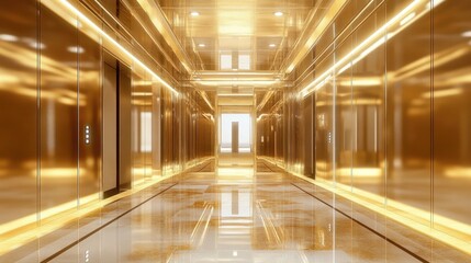 A silent, high-speed elevator with automatic safety sensors, polished walls, and elegant ceiling lights