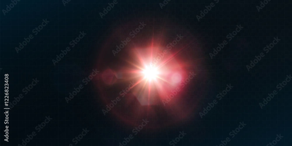 Poster red glowing star burst light effect. lens reflection light flare. glow effect. star bursts with shim