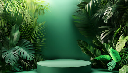 Green platform surrounded by lush tropical foliage