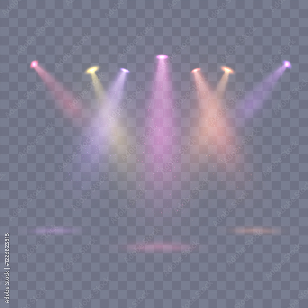 Poster illustration of bright spotlight sources with reflection on the floor. spotlight for web design and 