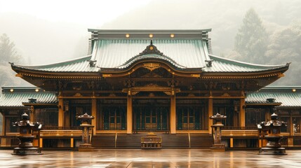 Fototapeta premium Misty Mountain Shrine, Japan, Architecture, Serenity, Wet Courtyard