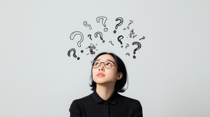 Woman with question marks overhead representing confusion and uncertainty in thought process