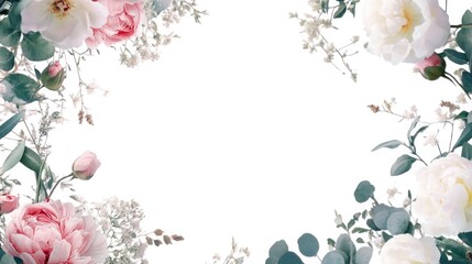 Floral Watercolor Banner Frame: Floral watercolor banner frame featuring pink and white peonies, eucalyptus, and gypsophila branches. Hand-drawn botanical elements.