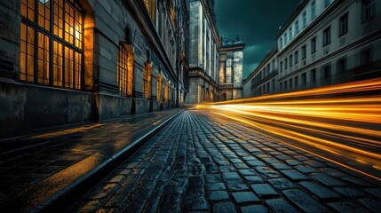 A surreal long exposure of a cobblestone street with light trails from moving vehicles