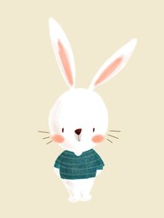 a cute bunny is standing and wearing green clothes illustration isolated. Bunny easter drawing. Rabbit hand drawing cartoon character background