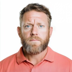 Fototapeta premium Close-up Portrait of a Man with a Serious Expression, Blue Eyes, and Reddish-Brown Beard Wearing a Salmon-Colored Polo Shirt Again