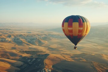 Obraz premium A colorful hot air balloon drifting over a countryside valley filled with patchwork fields