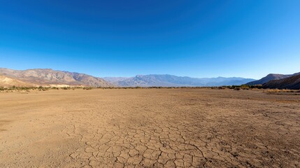 Dirt field landscape with a mountain range in the background under a clear blue sky