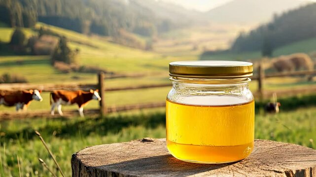 Ghee oil against the background of grazing cows. Selective focus.