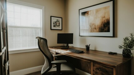 Fototapeta premium Cozy Home Office with Wooden Desk and Ergonomic Chair Surrounded by Framed Artwork
