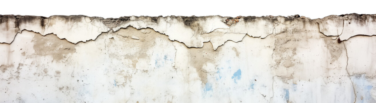 Mur en b&eacute;ton vieilli isol&eacute; avec pl&acirc;tre &eacute;caill&eacute;, fissures et taches sur fond transparent