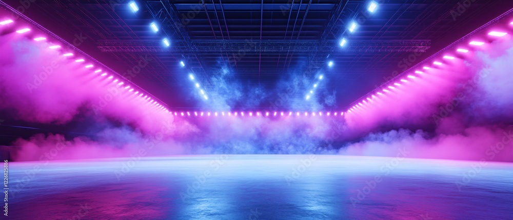 Aufkleber empty stage with pink and blue lights and fog creating a dramatic and futuristic scene