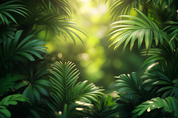 Lush Green Tropical Foliage Illuminated By Sunlight