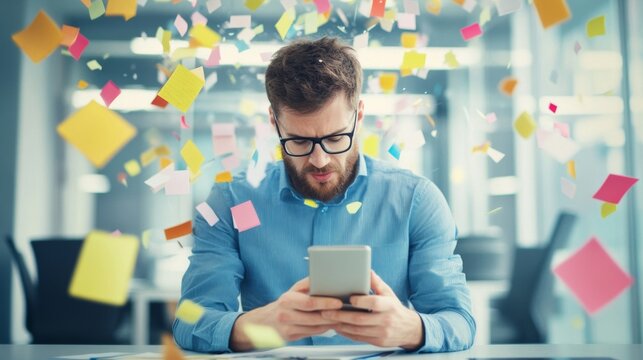 Office worker battles stress and fatigue from constant smartphone alerts in a hectic environment, brain rot concept