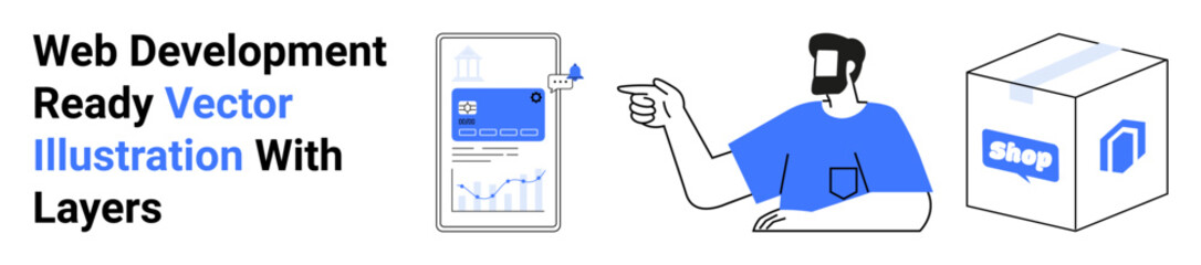 Smartphone displaying analytics with user pointing at it and package box nearby. Ideal for online shopping, web development, interface design, eCommerce, delivery services, data tracking, flat