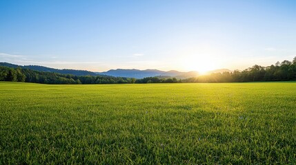 Fototapeta premium Expansive field of green grass with distant mountains under a clear blue sky in a natural landscape setting