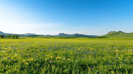 Expansive field of vibrant wildflowers set against majestic mountain backdrop in sunny weather