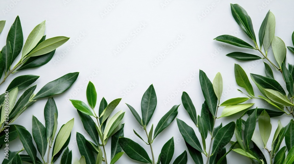 Poster fresh olive branches on white background creating a natural frame for text or design