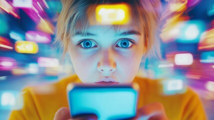 Person in a bright setting is startled while engrossed in their phone, surrounded by vivid app notifications, brain rot concept