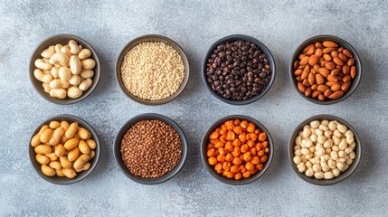 Assorted Nuts and Seeds in Bowls on Gray Background