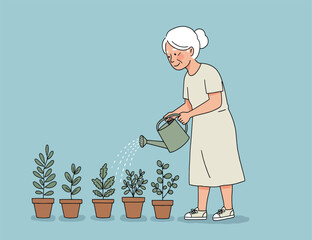 Illustration of an old lady watering plants in pots