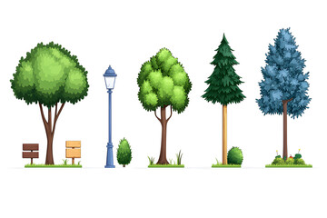 Hand drawn trees and bushes collection for game assets, isolate don white