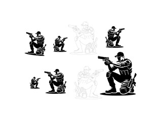 Pistol shooting sport silhouette collection set air pistol handgun shooting flat design soldier silhouette vector and line art design.