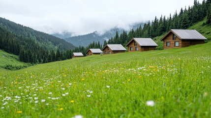 Fototapeta premium Mountain cabins on meadow, misty hills, idyllic landscape, nature retreat