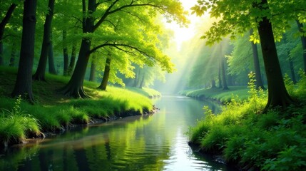 Serene Woodland Stream Bathed in Golden Sunlight, Lush Green Foliage Reflecting on Tranquil Waters, Peaceful Nature Scene