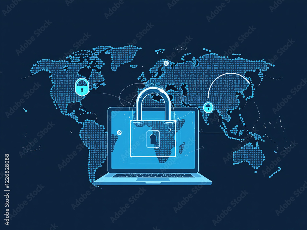 Poster cybersecurity and privacy concepts use digital locks and global network security technology to prote