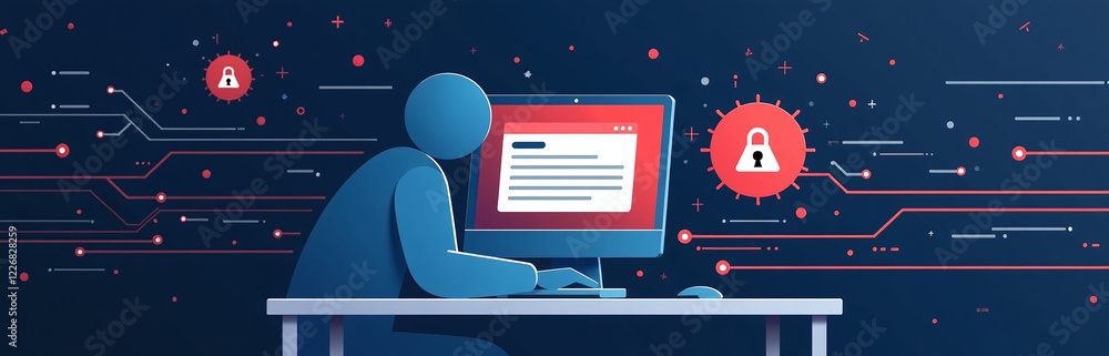 Poster cyber attack compromises computer network with malicious software and virus, leading to a data breac