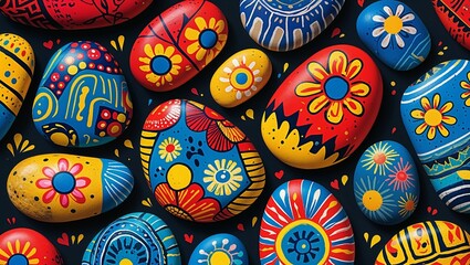Brightly painted rocks with floral designs laid out on a dark background colorful artistic