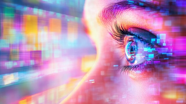 A person's face shows strain and distortion from excessive screen exposure and overwhelming information flow, online addiction concept